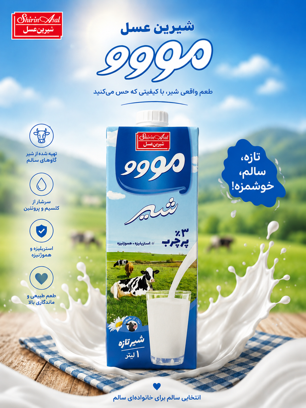 شیر یک لیتری کارتونی از شرکت شیرین عسل با برند مووو